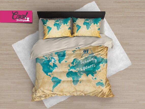 World Map Bedding Set Travel Map Duvet Cover Far Away Map Etsy