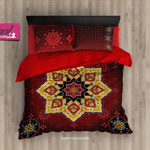 Persian Mandala Bedding Set, Boho Red Duvet Covers, King Queen Bohemian Bedding, Pillow Covers, Persian Mandala 81