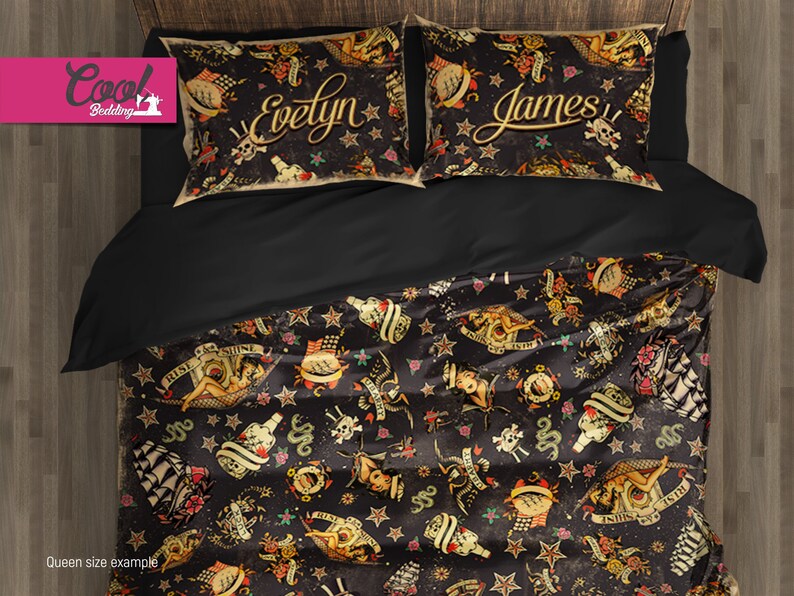 Personalized Bedding Set Monogram Duvet Cover Vintage Tattoo American Old School Twin Full Queen King 145