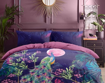 Night Peacock Duvet Cover – Watercolor Bedding Set – Artistic Bird Bed Set with Pillow Shams – Elegant Bedroom Style, B138
