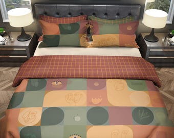 Abstract Face Duvet Cover: Reversible Cream Patchwork Bedding, RB04