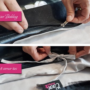 Pu&ograve; includere: Primo piano di una cerniera su un copripiumino bianco. La cerniera &egrave; nera e ha un tiretto argentato. Il copripiumino ha anche quattro lacci d'angolo, visibili nella seconda immagine. Il testo "Zipper Bedding" e "4 corner ties" &egrave; visibile in riquadri rosa.