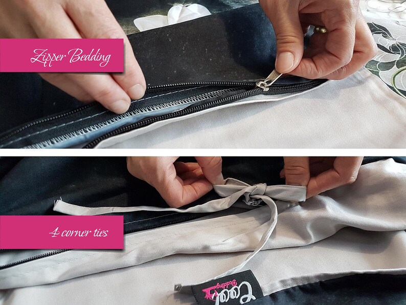 Pu&ograve; includere: Primo piano di una cerniera su un copripiumino bianco. La cerniera &egrave; nera e ha un tiretto argentato. Il copripiumino ha anche quattro lacci d'angolo, visibili nella seconda immagine. Il testo "Zipper Bedding" e "4 corner ties" &egrave; visibile in riquadri rosa.