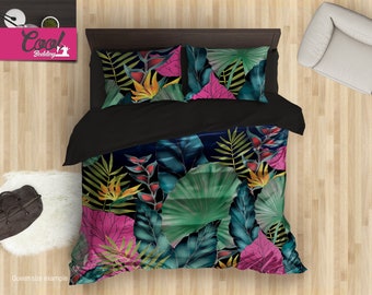 Palm Leaves Bedding Set, Tropical Leaf Duvet Cover Set, Handmade Bedding, Watercolor Duvet Cover, Jungle Leaves Pillow Covers 146