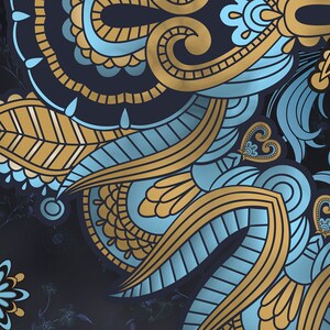 May include: Abstract pattern with intricate swirls and shapes in shades of blue and gold on a dark background.