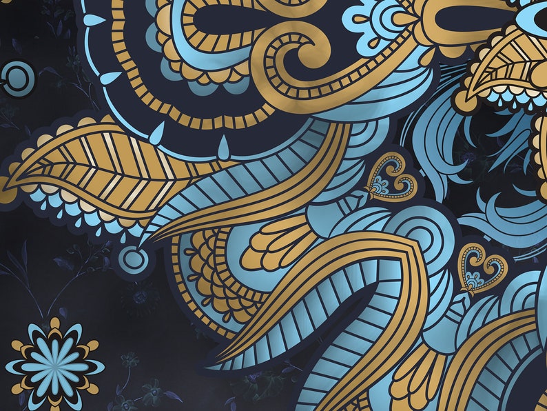 May include: Abstract pattern with intricate swirls and shapes in shades of blue and gold on a dark background.