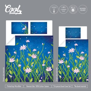 Pu&ograve; includere: Un set di copripiumino floreale blu e rosa con chiusura a zip e lacci agli angoli. Il copripiumino &egrave; realizzato in microfibra e raso di cotone. Il set comprende un copripiumino e federe. L'immagine mostra un esempio di misura queen e un esempio di misura singola.