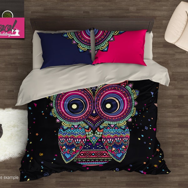 Parure de lit hibou mignon, ensemble housse de couette bohème, literie hibou bohème, couvre-lits doubles king-size, décoration de chambre à coucher, taies d'oreiller 148