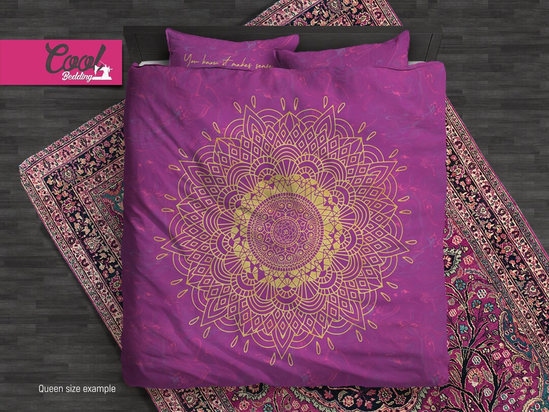 Sahasrara Mandala Bedding, Pink Mandala Duvet Cover Set, Bohemian