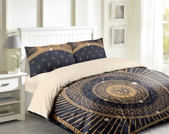 Gold Sun Bedding Set – Ancient Mandala Duvet Cover with Bohemian Tribal Design – Spiritual Boho Comforter & Bedroom Decor, B05