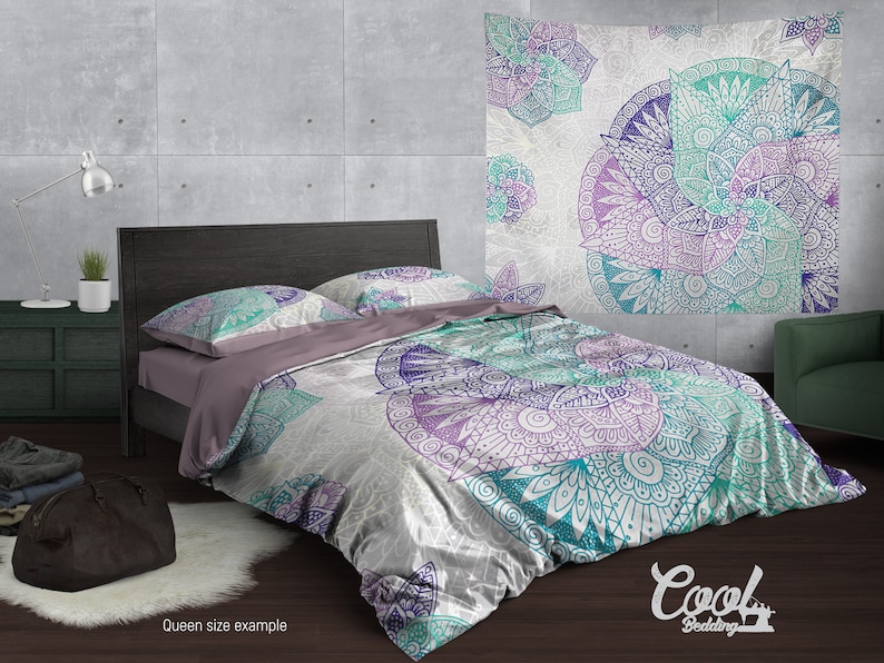 Boho Bedding set, Spiral Mandala Duvet Cover Set, Full Queen King Bedding, Home Interior 90 Boho Bedding set, Spiral Mandala Duvet Cover Set, Full Queen King Bedding, Home Interior 90