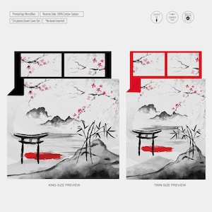 May include: A king size and a twin size duvet cover set with a Japanese-inspired design. The duvet cover features a watercolor painting of a red torii gate, mountains, cherry blossoms, and bamboo. The text "King Size Preview" and "Twin Size Preview" is printed below the images.