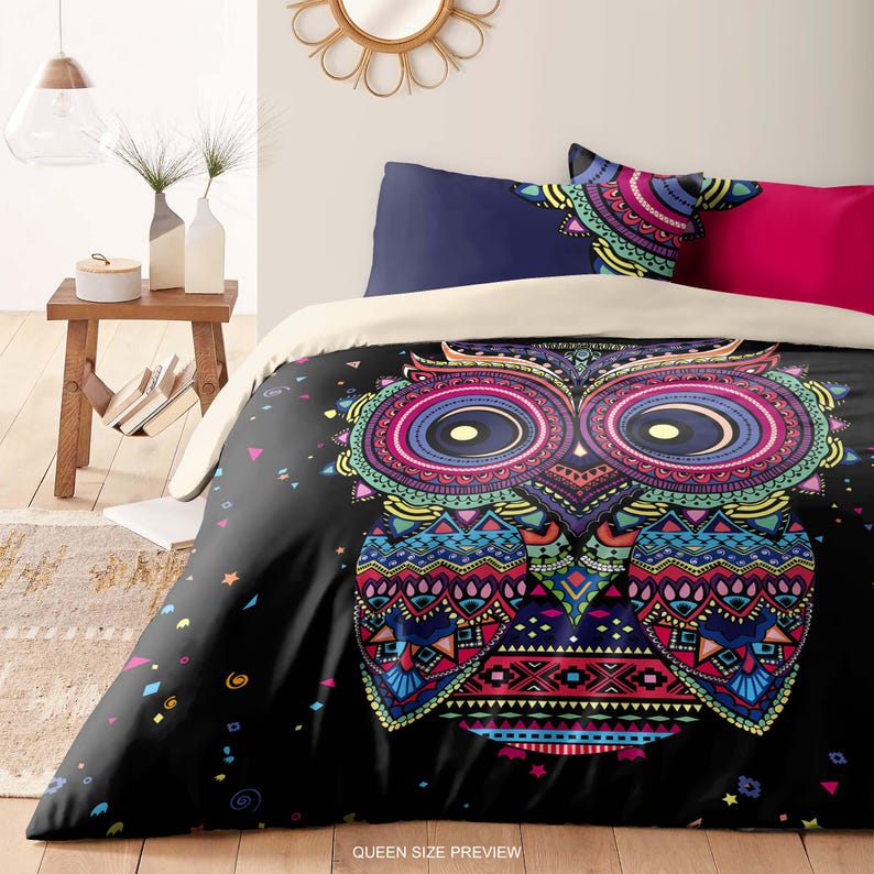 Süsses Eulen Bettwäsche Set – Boho Bettbezug mit Kissenbezügen – Boho Eulen Tagesdecke – Skurriler Schlafzimmer Stil, B148 Bild 5