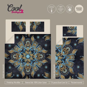 May include: A duvet cover set with a blue and gold paisley pattern. The duvet cover is reversible, with a solid blue side and a paisley side. The set includes a duvet cover and two pillowcases. The duvet cover is made of microfiber and the reverse side is made of 100% cotton sateen.