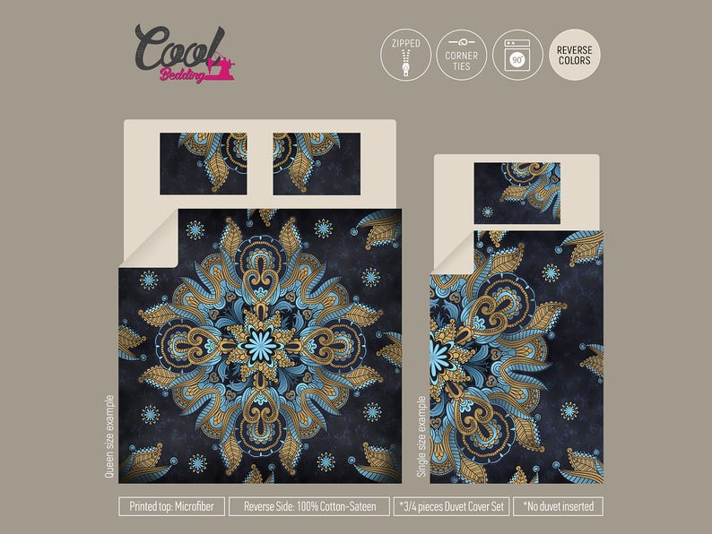 May include: A duvet cover set with a blue and gold paisley pattern. The duvet cover is reversible, with a solid blue side and a paisley side. The set includes a duvet cover and two pillowcases. The duvet cover is made of microfiber and the reverse side is made of 100% cotton sateen.