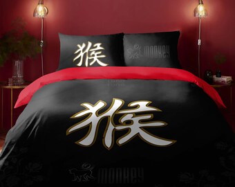 Chinese Zodiac King Duvet Cover Set Red: Asian Hieroglyphs Bohemian Bedding