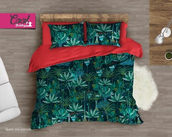 Bedding Set Tropical Pattern, Duvet Cover Set, Green Leaves Comforter, Pattern Bed Set, Cotton Sateen Sheet Set, 230