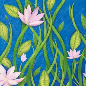 Pu&ograve; includere: Un dipinto digitale di fiori rosa con foglie e steli verdi su uno sfondo blu.