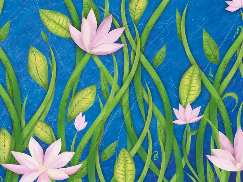 Pu&ograve; includere: Un dipinto digitale di fiori rosa con foglie e steli verdi su uno sfondo blu.