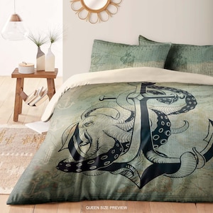 Ocean Octopus Bedding Set – Ancient Anchor Duvet Cover – Nautical Bed Set – Marine Theme Comforter – Coastal Home Style, B152