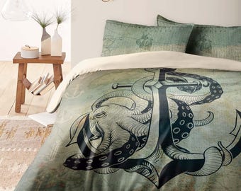 Ocean Octopus Bedding Set – Ancient Anchor Duvet Cover – Nautical Bed Set – Marine Theme Comforter – Coastal Home Style, B152