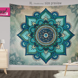 May include: A blue and green mandala tapestry with intricate details. The mandala is surrounded by a white border and a light blue background.