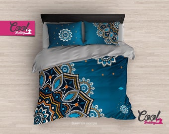 Blue Mandala Duvet Cover – Bohemian Bedding Set with Moroccan Pattern – Deep Blue Artistic Duvet Cover Set, B12-02