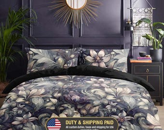 Moody Floral Bedding Set - Botanical Duvet Cover - Romantic Bedroom Decor, 02
