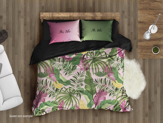 Copripiumino personalizzato, set biancheria da letto con foglie di banana,  piumino con motivo tropicale, B266 rosa -  Italia