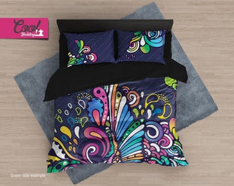 Juego de funda nórdica con estampado floral de acuarela: ropa de cama de microfibra bohemia, B168