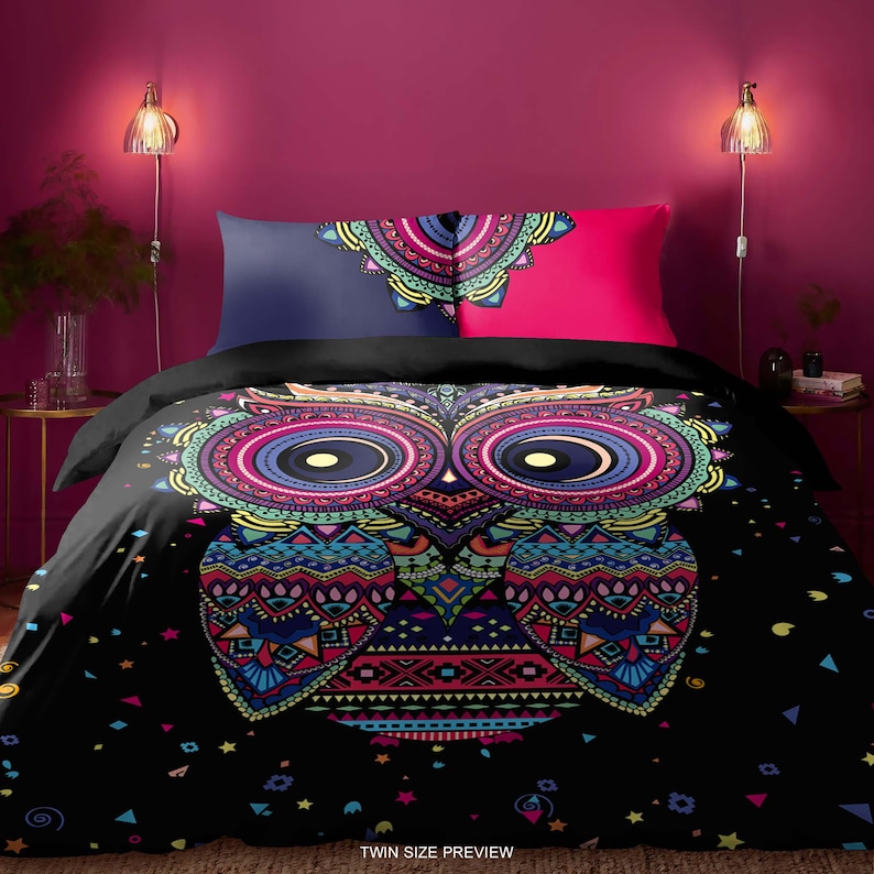 Süsses Eulen Bettwäsche Set – Boho Bettbezug mit Kissenbezügen – Boho Eulen Tagesdecke – Skurriler Schlafzimmer Stil, B148 Bild 1