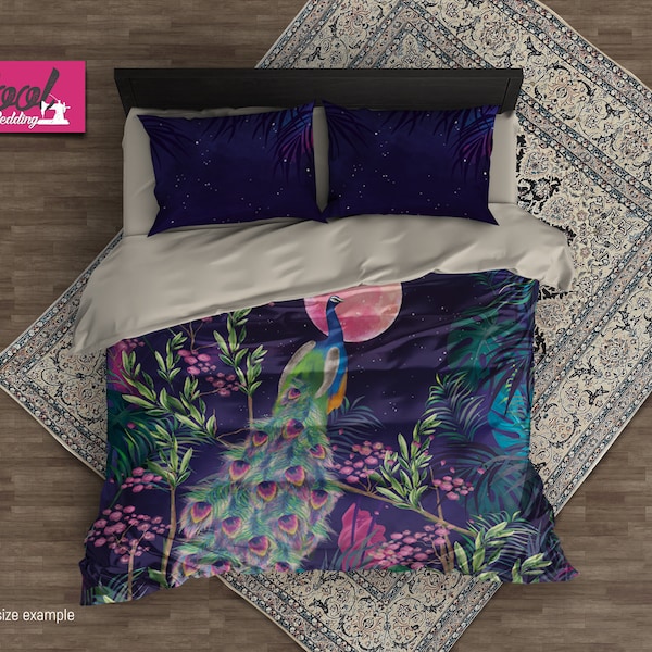 Peacock Duvet Cover, Watercolor Bedding Set, Night Peacock Duvet Cover, King Queen Full Bedding 138