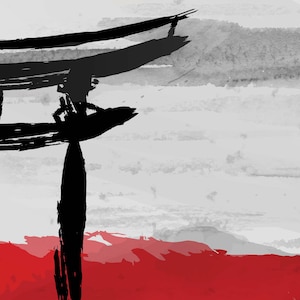 May include: A black and white abstract painting of a Japanese torii gate with a red and white watercolor background.