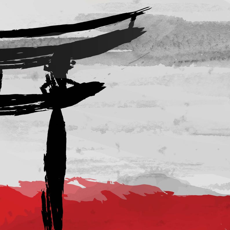 May include: A black and white abstract painting of a Japanese torii gate with a red and white watercolor background.