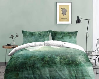 Green Pine Forest Bedding Set: Retro Cabin Comforter, B201
