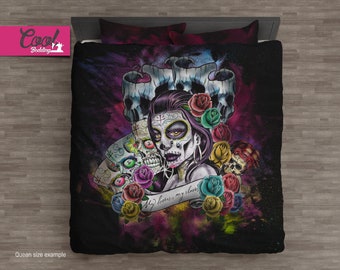 Vintage Skull Bedding, Sugar Skull Duvet Cover, Day of the Dead Bedding Set, Muerte Tattoo Comforter, Skull Interior design 163