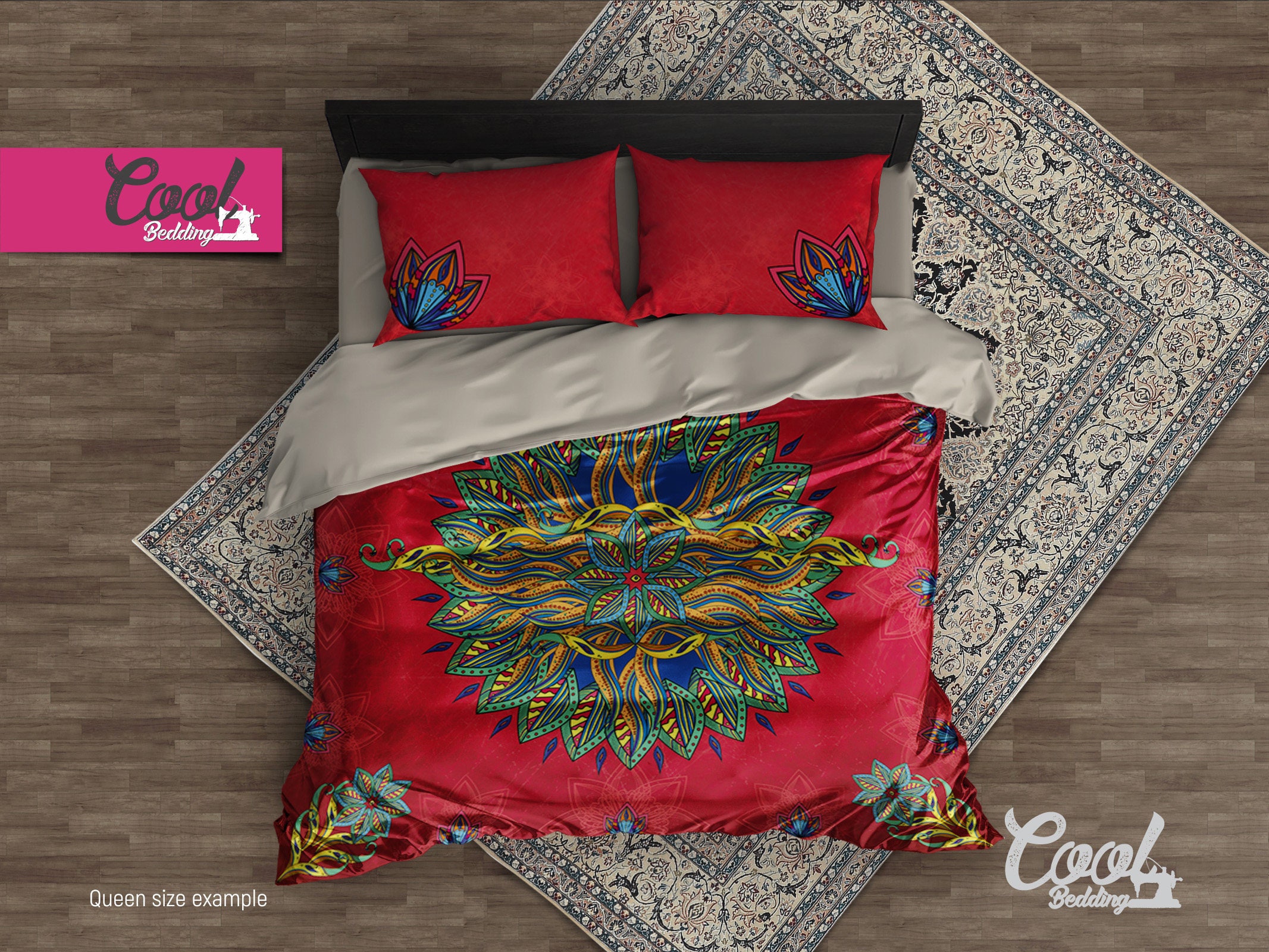 Cool Bedding Set Red Mandala Duvet, Bohemian Bedding King