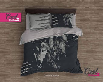 Gray Wolf Bedding, Farmhouse Duvet Cover, Art Work Bedding Set. Wolf Duvet Covers, Framhouse Comforter Set 100