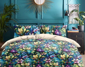 Botanical Bedding Set: Hand-Painted Floral Duvet – Modern Boho Style, B258