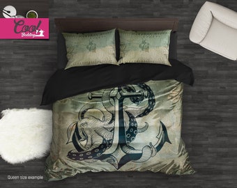 Ocean Octopus Bedding Set, Ancient Anchor Duvet Cover Set, Anchor and Octopus Bedding, Full Queen King Bed Covers, Pillow Shams 152