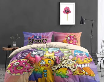 Spooky Candy Bedding Set – Colorful Lollipop and Cupcake Duvet Cover – Cute Halloween Sweet Treats Bedroom Décor, B139