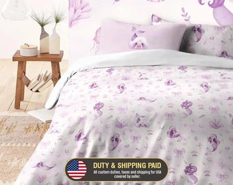 Mermaid Bedding Set – Watercolor Duvet Cover - Under the Sea Girls Bedroom Decor - B10