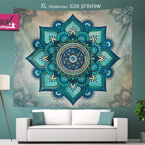 May include: A blue and green mandala tapestry with intricate details, hanging on a wall in a living room setting. The tapestry is 104x88 inches.
