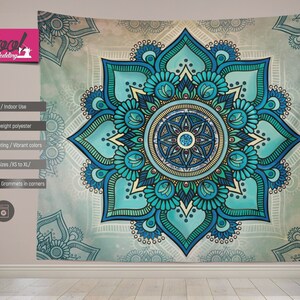 May include: A blue and green mandala tapestry with intricate details. The tapestry has a faded, vintage look and is made of 100% lightweight polyester. It is suitable for both indoor and outdoor use.