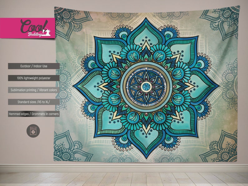 May include: A blue and green mandala tapestry with intricate details. The tapestry has a faded, vintage look and is made of 100% lightweight polyester. It is suitable for both indoor and outdoor use.