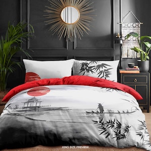 Japanese Sunrise Bedding Set – Sakura Duvet Cover – Asian Landscape Comforter by Cool Bedding, B241