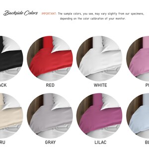 May include: A visual guide showing the backside colors of a product. The colors are black, red, white, pink, ecru, gray, lilac, and blue.
