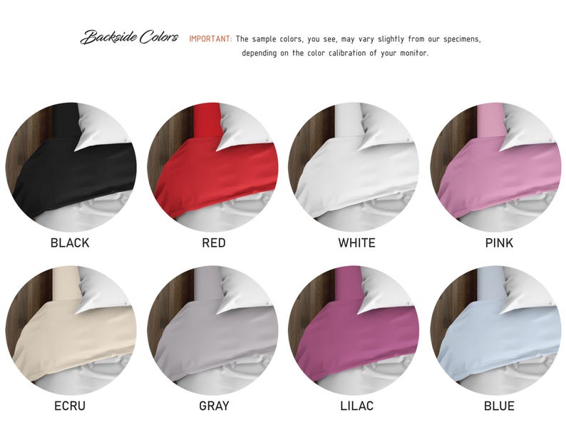 May include: A visual guide showing the backside colors of a product. The colors are black, red, white, pink, ecru, gray, lilac, and blue.