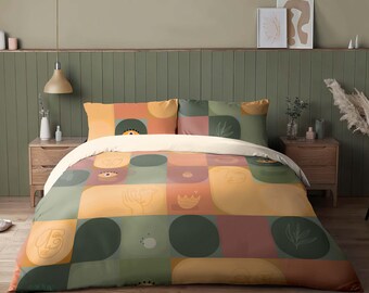 Abstract Face Duvet Cover Set: Creamy Patchwork Microfiber Bedding, B272