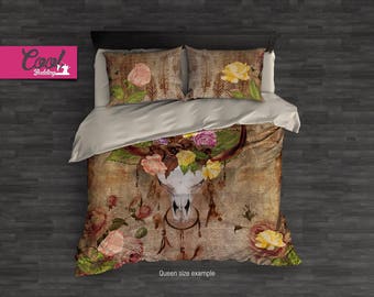Stier Schädel Bettwäsche-Set - Boho Totem Bettbezug - Traumfänger Tribal Tröster - Western Schlafzimmer Dekor, B44